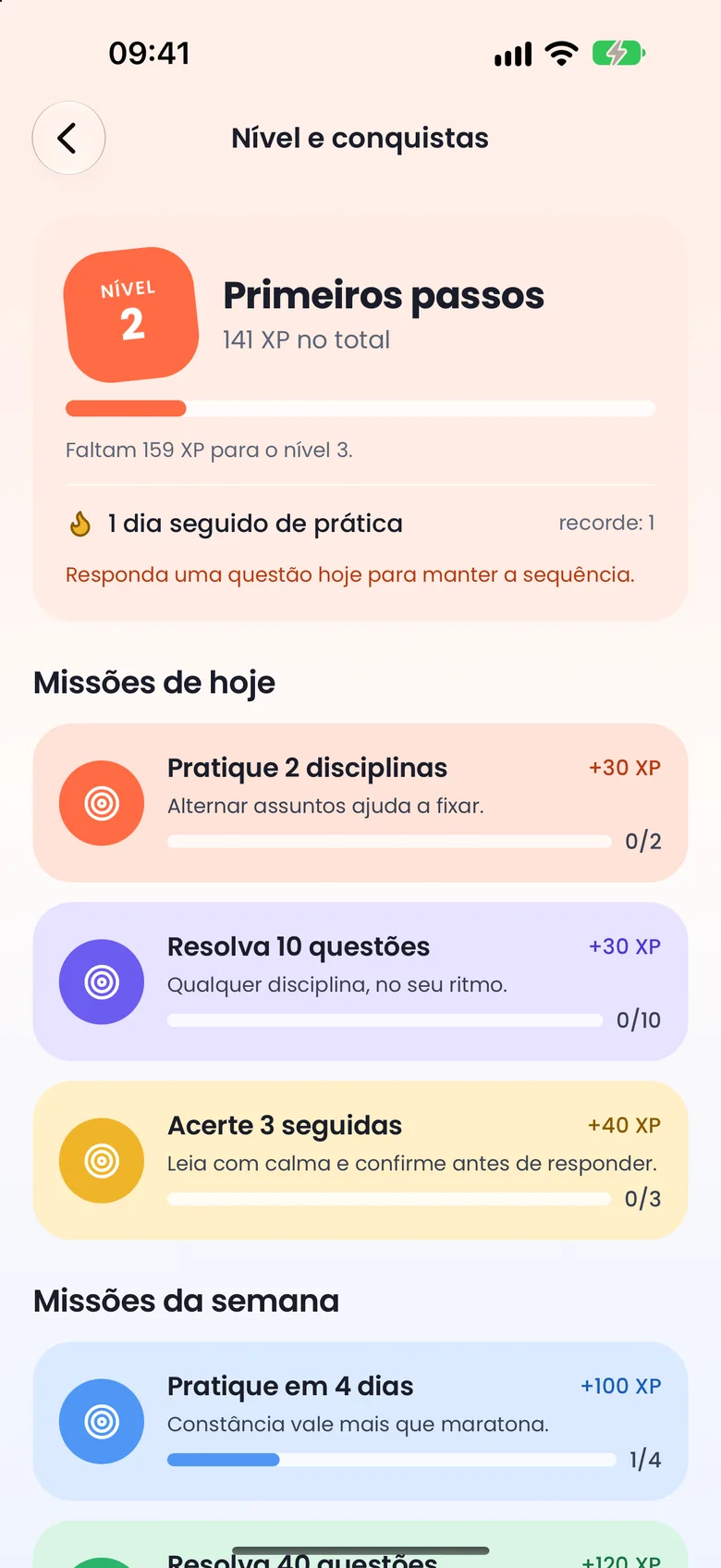Nível 2, Primeiros passos, com as missões de hoje e da semana.