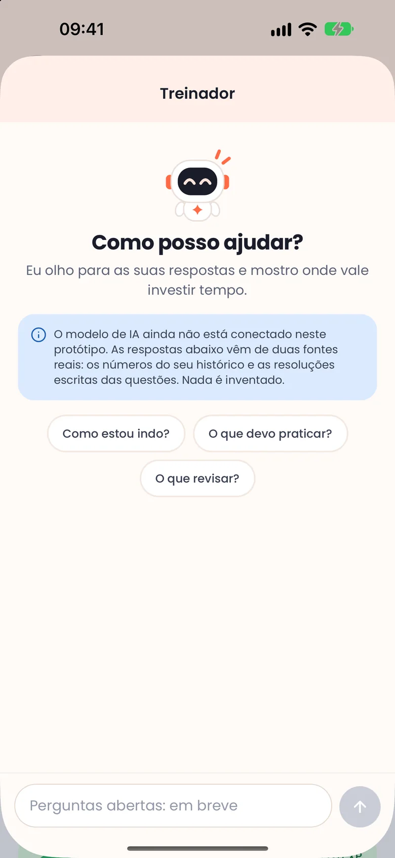 Tela do Treinador avisando que o modelo de IA ainda não está conectado nesta versão.